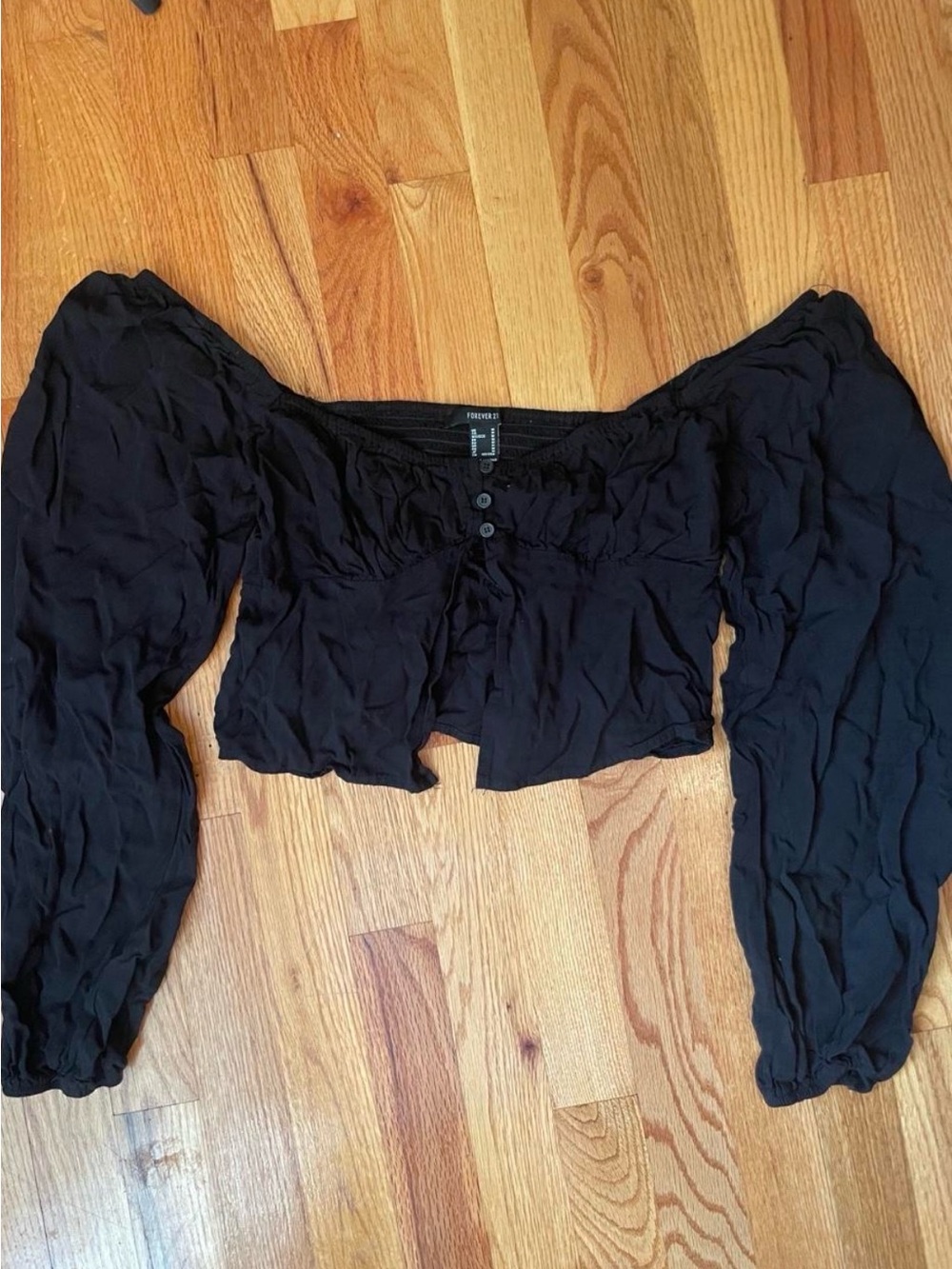 Forever 21 Black Off-the-Shoulder Puff Sleeve Crop Blouse